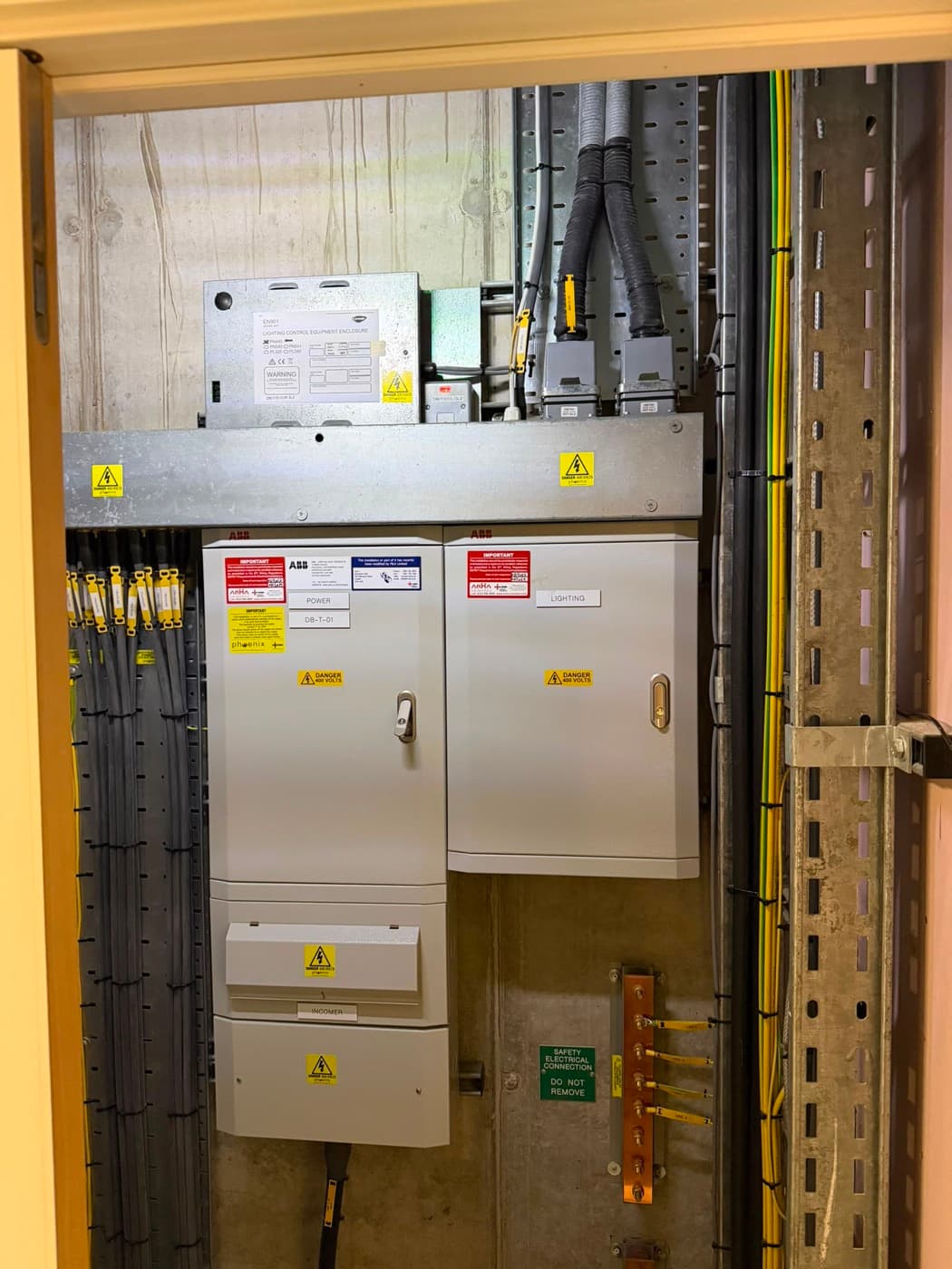 Three-phase distribution boards and switchgear in a commercial intake cupboard