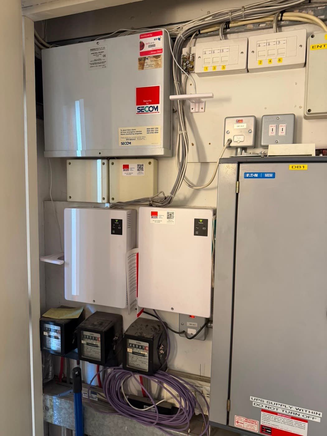Commercial intake room with meters, distribution boards and an alarm panel